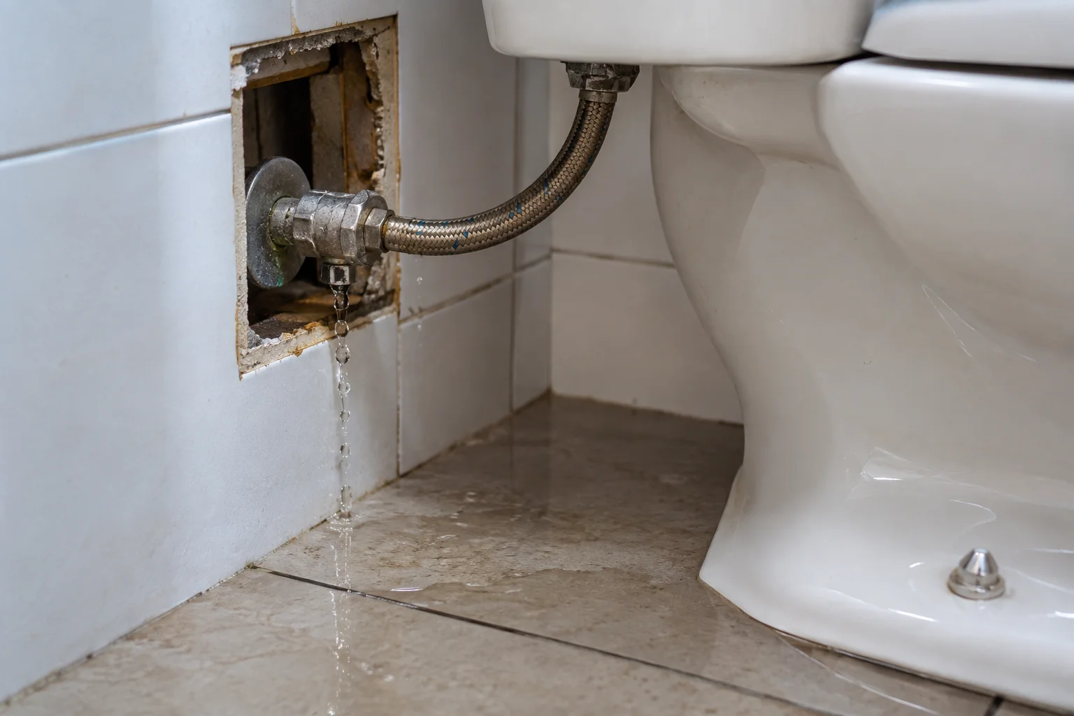 Imagem ilustrativa de conexão de alimentação de vaso sanitário vazando